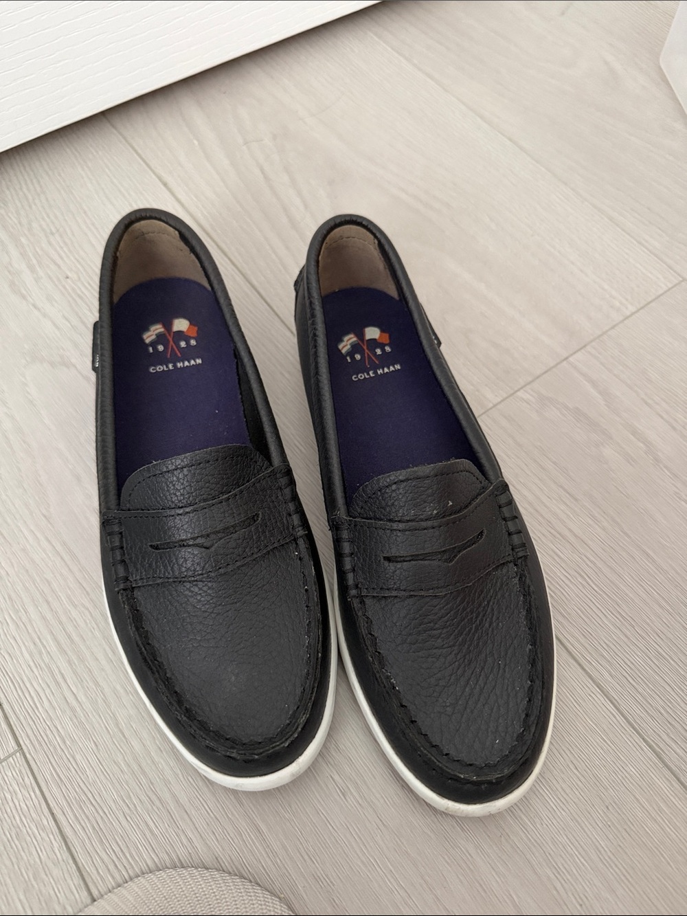Cole Haan Black Leather Penny Loafers with White Sole